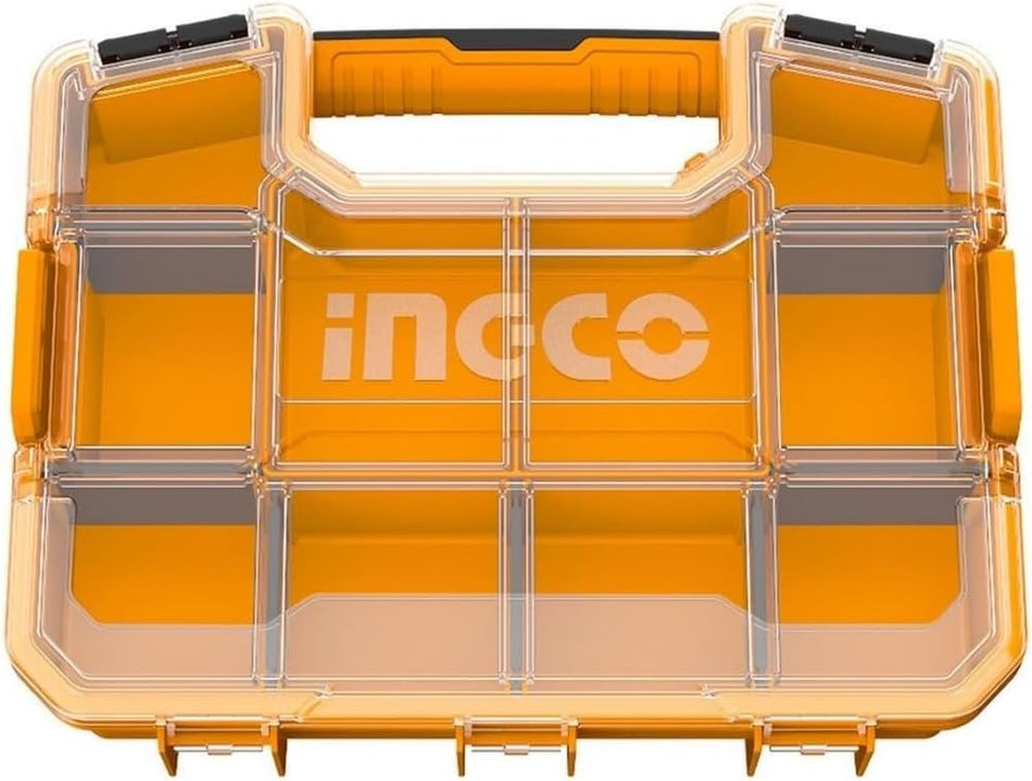 INGCO 12-Inch Heavy-Duty Plastic Component Box – Multi-Compartment Organizer Case with Transparent Lid, Sturdy Carrying Handle, and 10 Storage Sections (PBX1211)
