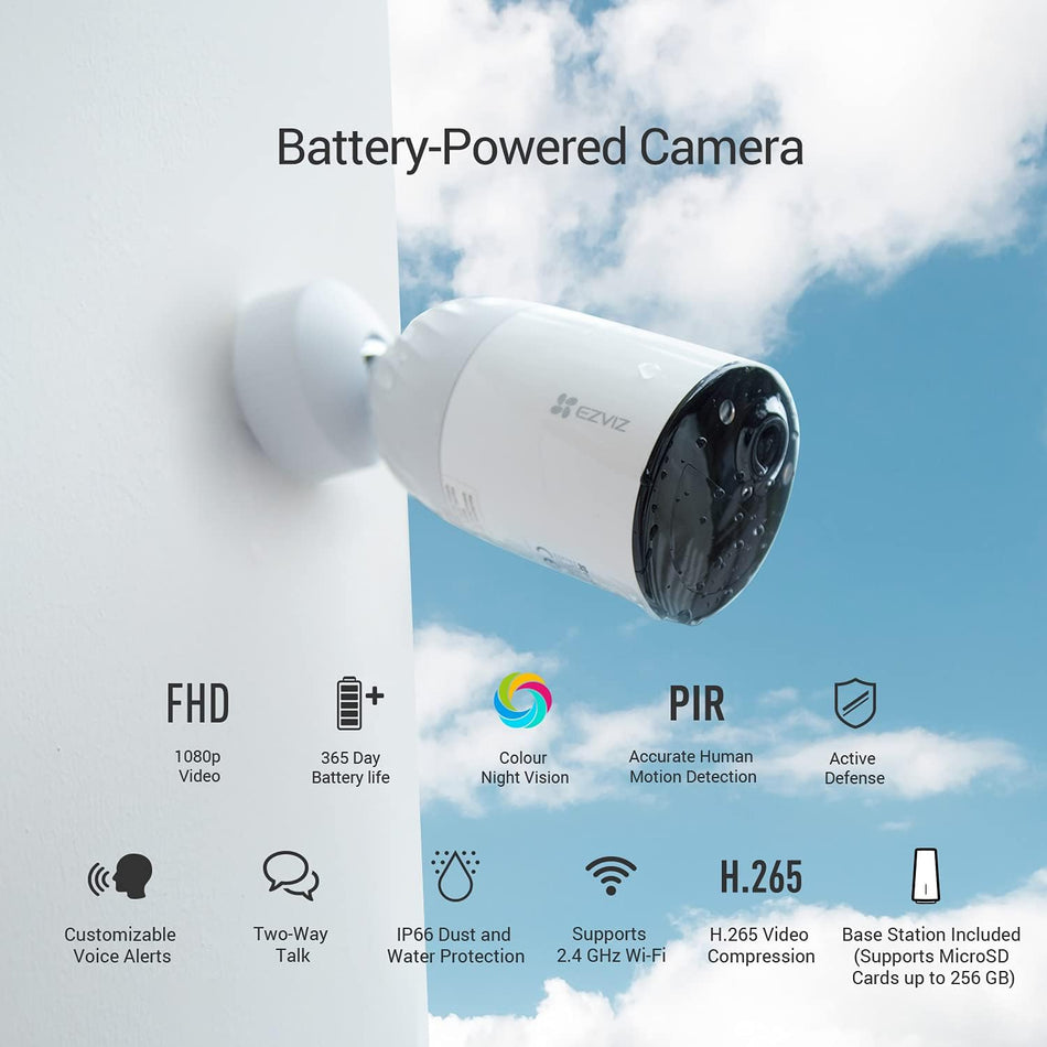 EZVIZ Rechargeable Battery CCTV Camera Systems Outdoor, 2-Cam with Base Station, IP66, Colour Night Vision, PIR Motion Detection, 2-Way Audio, Cloud&SD Storage, Compatible with Solar Panel