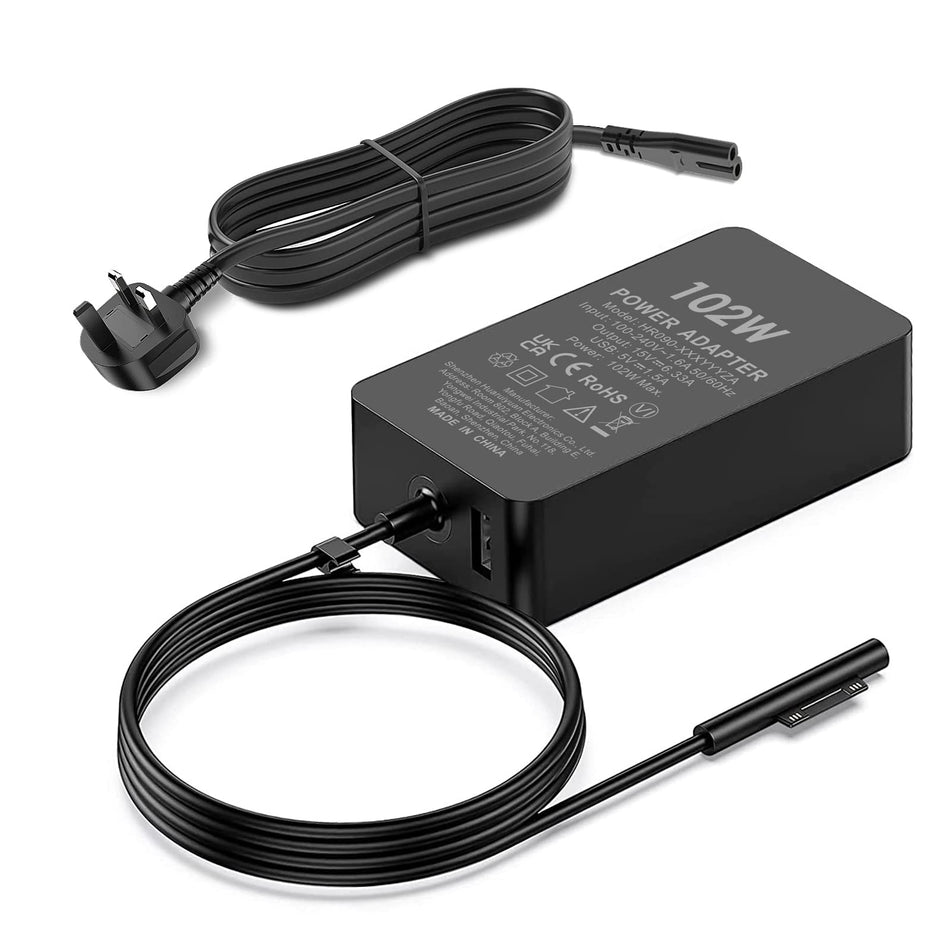 Replacement Microsoft Laptop Charger/Adapter 102W (Surface Pro 5/6/7) 15V/4A 5V/2.4A (Includes UK Power Cable), Model: MI102