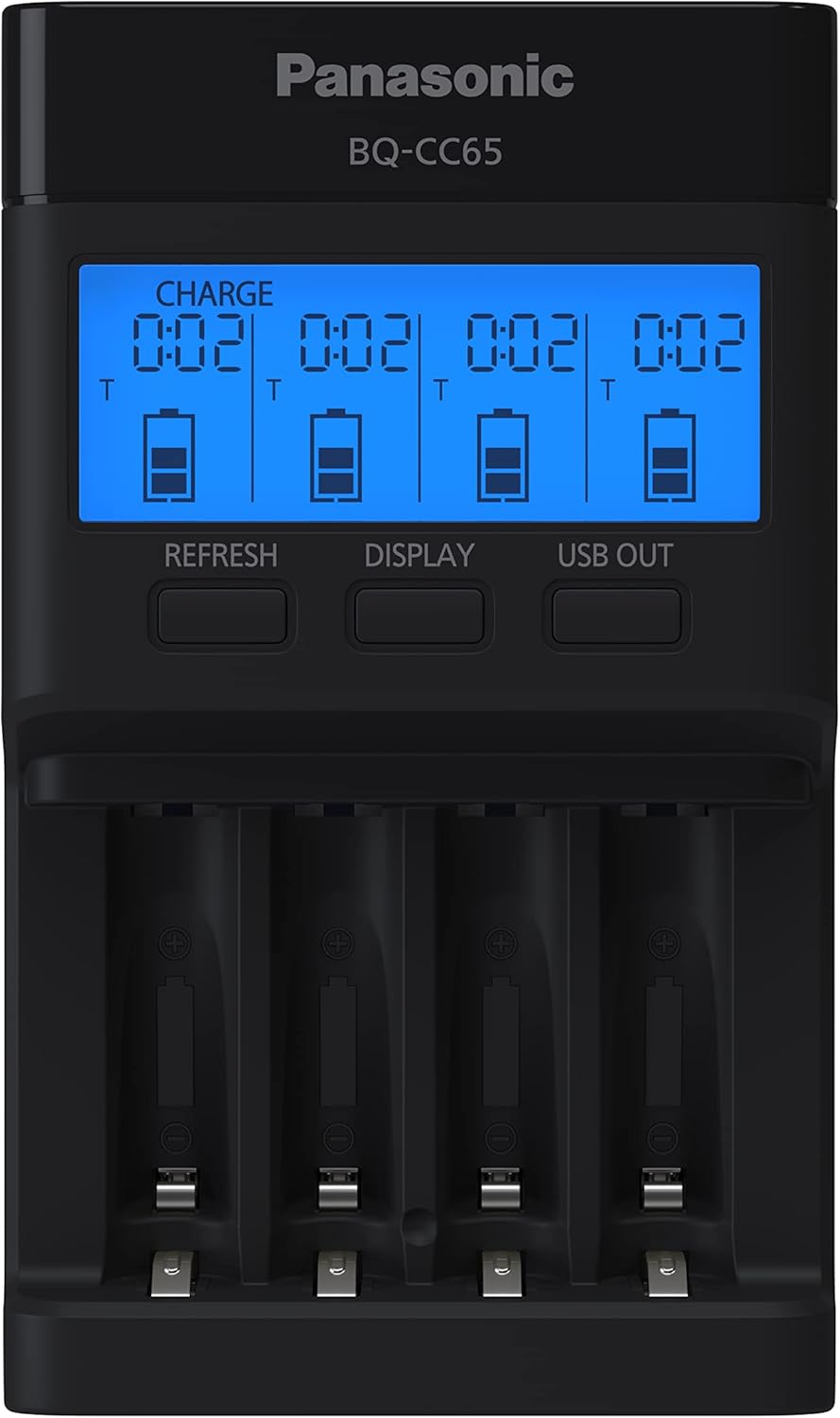 Panasonic Eneloop BQ-CC65E Flagship Pro Smart Battery Charger | 4-Slot Quick Charger with Diagnostic LCD Display, Battery Refresh Function & Built-in USB Output Port