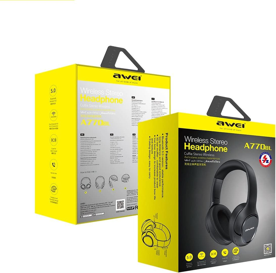 Awei A770BL Wireless Stereo Headphone Bluetooth 5.0 With Microphone Deep Bass Headset IPX5 Waterproof For Smartphone with 3.5mm Aux Jack (black)
