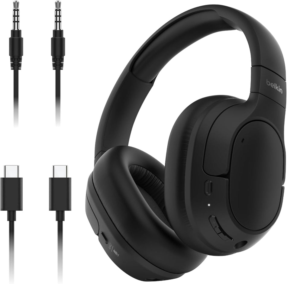 Belkin SoundForm Isolate Bluetooth Over-Ear Hybrid Active Noise Cancelling Headphones - Wireless w/ 60H Playtime, Fast Charging & CloudCushion Ear Cups for Travel, Home, or Office, Black