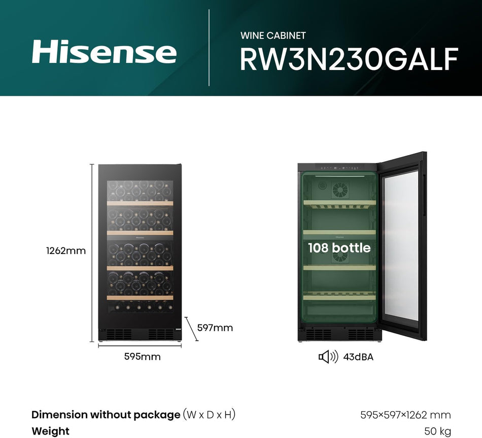Hisense 108-Bottle Premium Dual-Zone Wine Chiller,  Temp Zone, Low Noise, Reversible Door, 59.5x59.7x126.2 cm (W/D/H), Black, (Euro Design & Seamless Integration) - RW3N230GELF