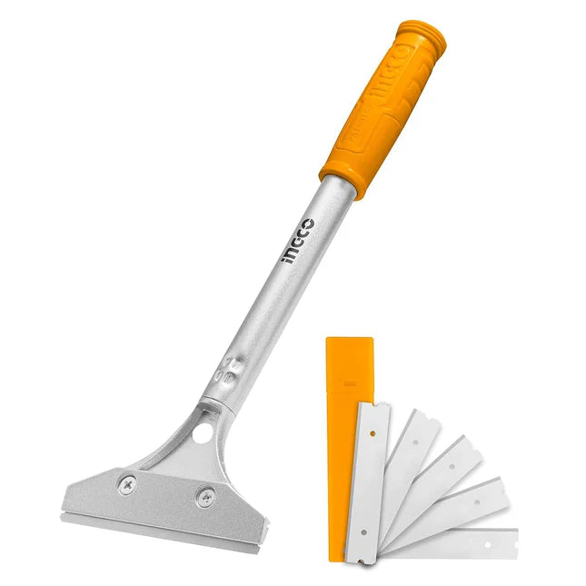 Ingco 12-Inch Professional Heavy-Duty Aluminum Alloy Metal Scraper – Extended 300mm Surface Prep Tool Equipped with 6-Piece High-Carbon SK5 Steel Razor Blades (HGS3201)