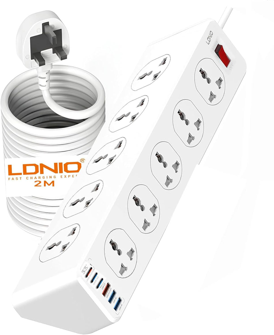 LDNIO 3-in-1 Power Extension Cord with Wireless Charger & Cable Management Box, 6 Outlets, 4 USB Ports (30W PD, 18W QC3.0, 2 USB-A), 2500W Power Strip for Home & Office (10 SOCKETS)