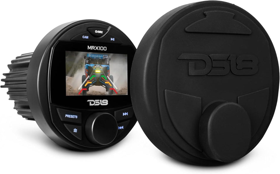 DS18 MRX100 Marine and Off-Road Gauge Receiver Head Unit, 2-Zone Control, 3-Inch TFT Color Screen, 4V Pre-Amp Output, Bluetooth Audio, IPX6 Waterproof Rated, RDS 4 x 50 Watts AM/FM Radio (No CD Player)