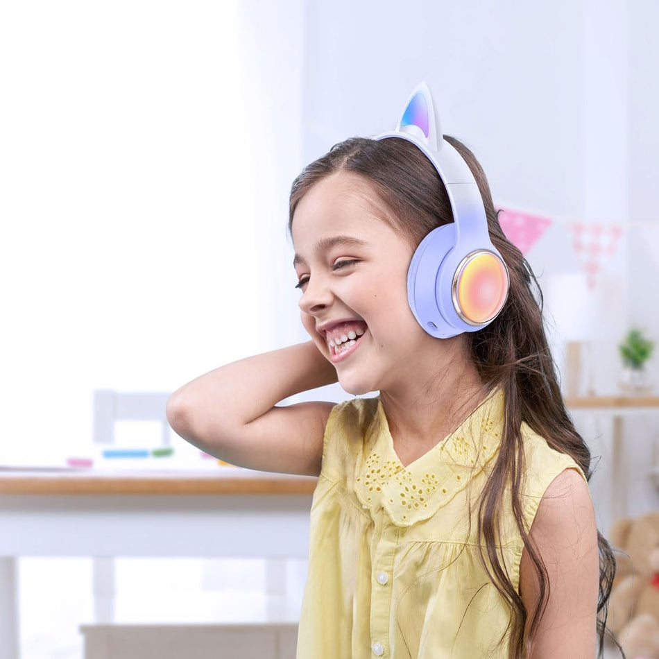 Green Lion GK-400 Kids Wireless Headphone 400mAh, BT V5.3, Light Effect, Flashing Modes, Lightweight & Portable, Charging Time Less than 2H, Type-C Charging, TF Card, AUX (Purple/Blue)