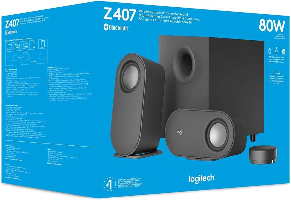 Logitech Z407 Bluetooth® Computer Speakers with Subwoofer and Wireless control 3.5 mm Bluetooth: 5.0 Micro-USB input