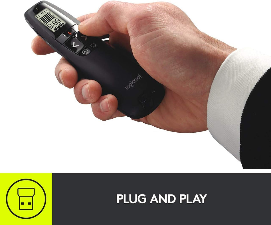 Logitech R800 Professional Presenter | Wireless Presentation Clicker with Brilliant Green Laser Pointer Interactive LCD Timer Screen and 30-Meter Range - Black (910-001358)