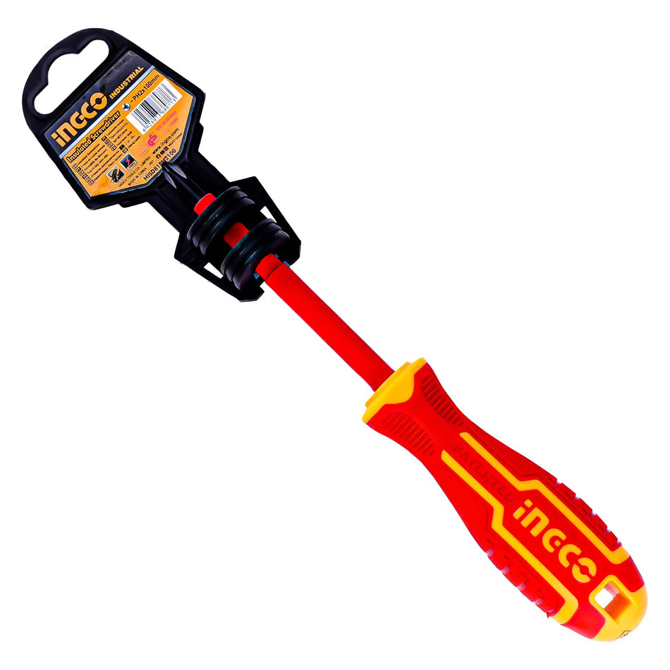 Ingco 1000V VDE Insulated Phillips Screwdriver | Professional Certified Cr-V Shockproof Electrical Tool - PH2 x 100mm (HISD81PH2100)