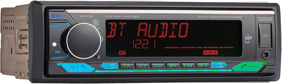 DS18 SDX-P100 Single-DIN In-Dash Digital Media Receiver, 4" LCD Display, Built-In DSP with 24-Band EQ & Time Alignment, Bluetooth Audio & Hands-Free Calling, Front USB & AUX, 3 Sets of 3.5V Pre-Amp RCA Outputs, Detachable Faceplate Remote Control Include