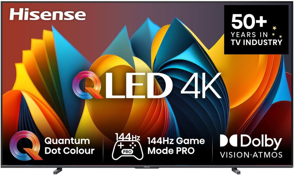 Hisense 100E7NQ 254 cm (100 Inch) TV, 4K UHD, QLED, HDR10, HDR10+ Decoding, HLG, Dolby Vision Atmos, 144Hz VRR, Smooth Motion, Bluetooth, Alexa Built-in, VIDAA Voice, Black (2025) [Energy Class F]