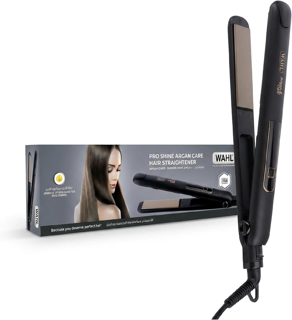Wahl Pro Shine Argan Care Hair Straightener & Curler | Argan Oil Infused Ceramic Plates | Anti-Frizz Shine | LED Display | 180°C–230°C | Auto Shut-Off | 3m Professional Cord (05316-027)