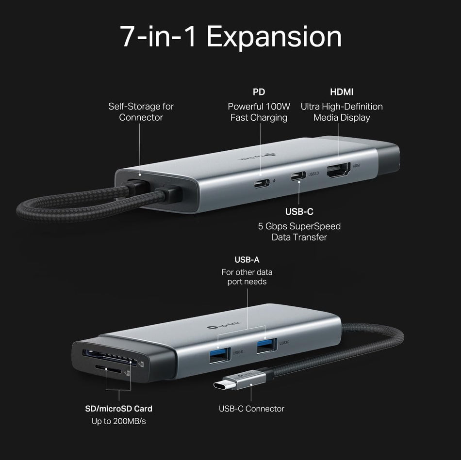 TP-Link USB C Hub 7-in-1 Multiport Adapter (UH7020C) | 4K@60Hz HDMI, SD & microSD, 100W Power Delivery, 1×USB-C, 2×USB-A Ports | 5Gbps High-Speed Dongle | Compatible w/MacBook and More | Plug & Play