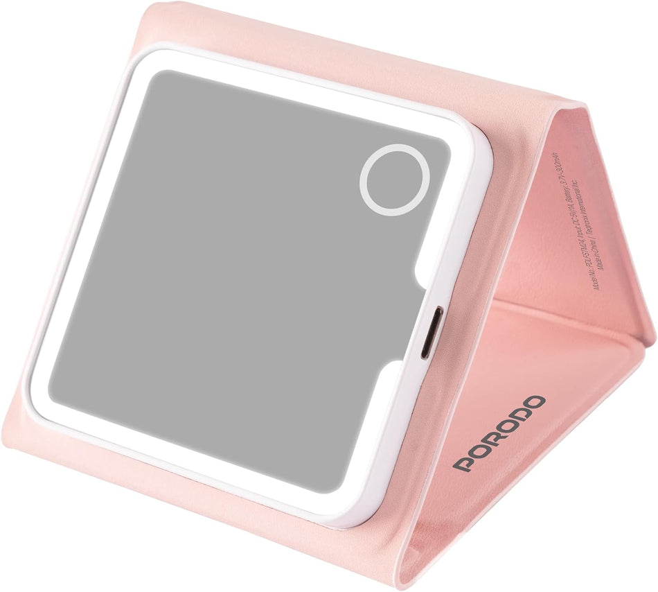 Porodo Lily LED Portable Tri-Fold Makeup Mirror, Compact Travel Vanity Mirror with 5X & 10X Magnification, Smart Touch Dimming, Protective PU Leather Case with Magnetic Closure, USB-C Rechargeable, Pink