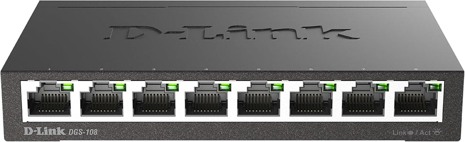 D-Link DGS-108, 8 Port Gigabit Ethernet Switch Unmanaged, Network Splitter, Silent Fanless, Network Hub, Sturdy Metal with Shielded Ports, Compact Desktop/Wall Mount, QoS, Energy Saving, Plug and Play