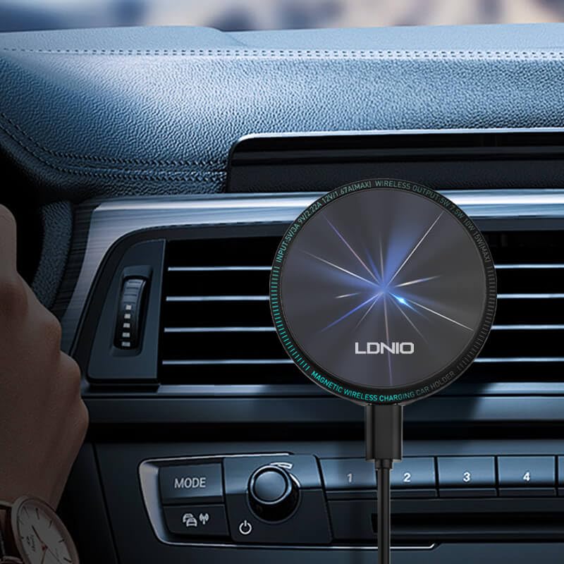 LDNI0 MA23 Universal Magnetic Car Phone Holder with 15W Wireless Charging, Strong Vent Mount for QI-Compatible Devices, 360° Adjustable Rotation, Durable Nano-Coated Glass Panel, Fast USB-C Input