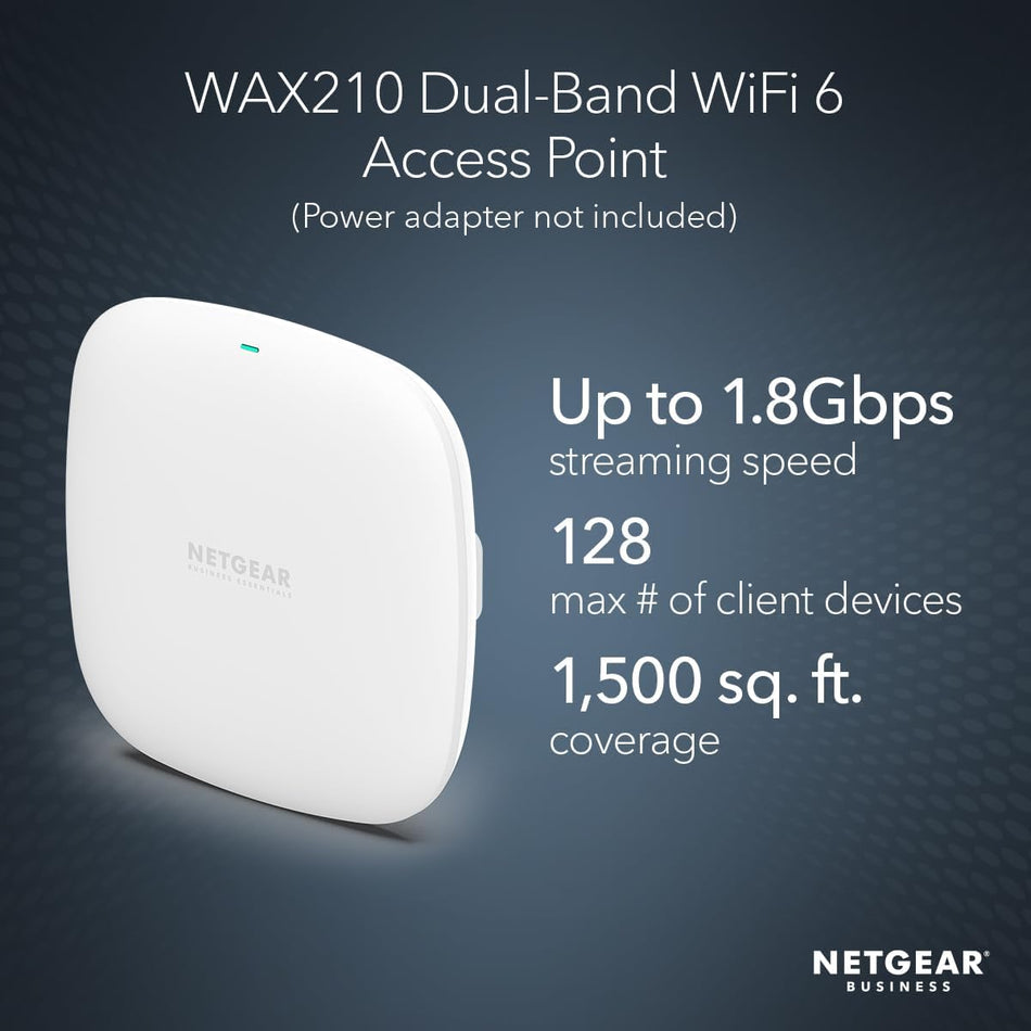 NETGEAR WAX210 WiFi 6 Dual-Band AX1800 Speed1 x 1G Ethernet PoE Port Up to 128 Devices Wireless Access Point