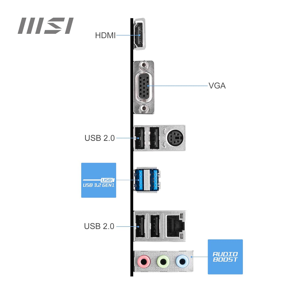 MSI PRO H610M-E DDR4 Motherboard, Micro-ATX - Supports 14th/13th/12th Gen Intel Core Processors, LGA 1700-2 x DIMMs (3200MHz), 1x PCIe 4.0 x16 slot, 1 x M.2 Gen3, USB 3.2 Gen1, 1G LAN, HDMI 1.4 & VGA