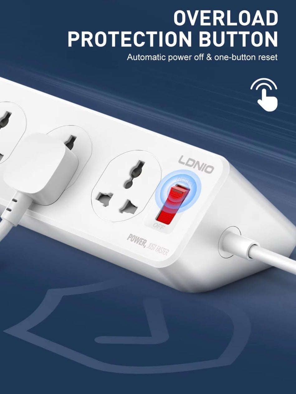 LDNIO 3-in-1 Power Extension Cord with Wireless Charger & Cable Management Box, 6 Outlets, 4 USB Ports (30W PD, 18W QC3.0, 2 USB-A), 2500W Power Strip for Home & Office (10 SOCKETS)