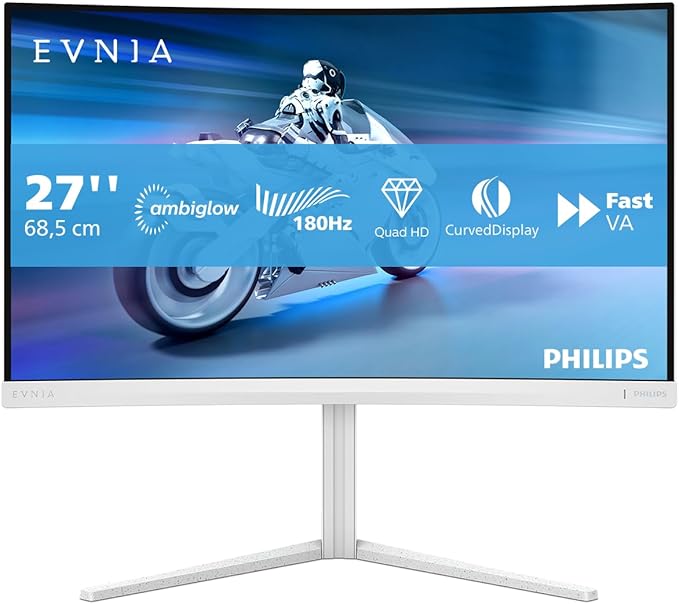 Philips Evnia 27M2C5501-27 inch QHD curved gaming monitor, 180 Hz, 1 ms GtG, FreeSync Premium (2560x1440, 2x HDMI 2.0, 1x DisplayPort1.4) white