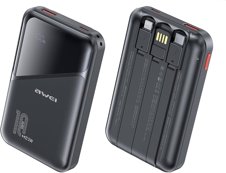 Awei P64K Fast Charging Powerbank 10000mAh Built-in 3 Cable 22.5W Super Fast Charging | Built-in Multi-Cables