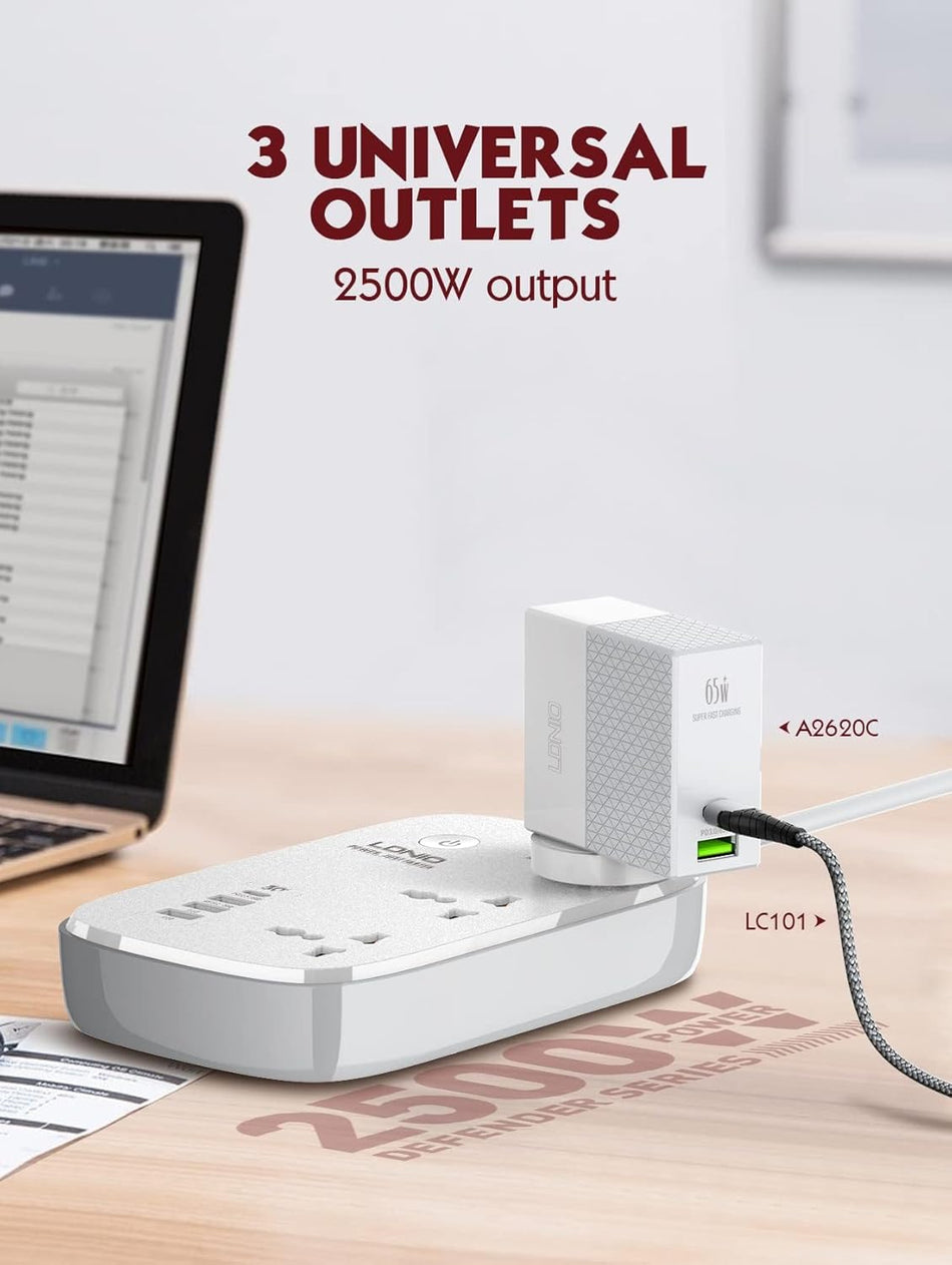 LDNIO SCW3451 WIFI Smart Power Strip with 3 Universal AC Ports 1 PD, 1 QC3.0 and 2 Auto ID Ports - White and Grey