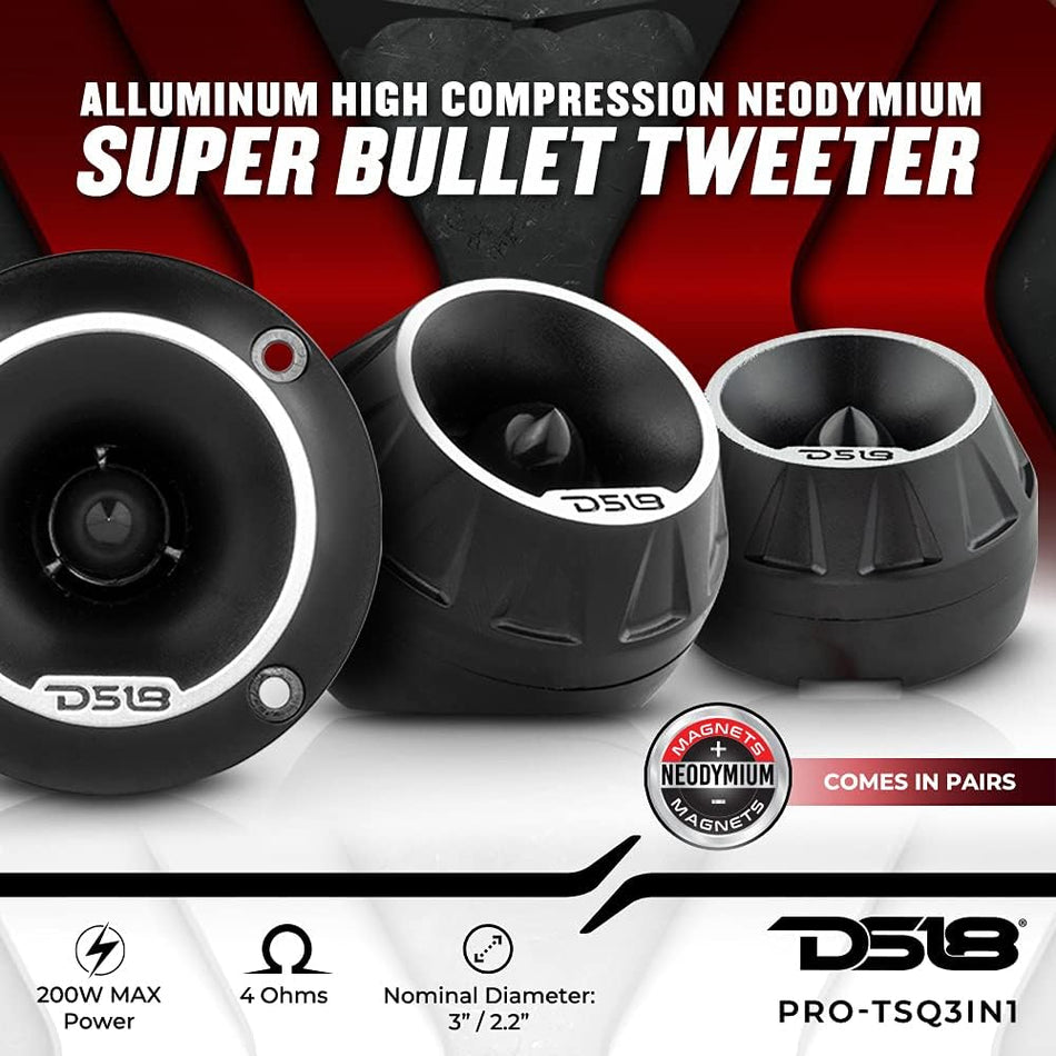 DS18 PRO-TSQ3IN1 1-Inch High-Compression Neodymium Bullet Tweeter, 200 Watts Max, 100 Watts RMS, 4-Ohm Pro Audio Component Super Tweeter with 3-in-1 Surface, Flush, and Angle Mounting Options (Single)