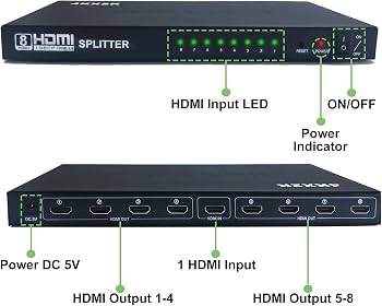 Universal 1 Port to 8 Port HDMI Splitter | 1-In 8-Out Full HD 1080P Screen Duplicator with 3D Support, Dolby HD Audio, and Smart EDID Management (Metal Housing)