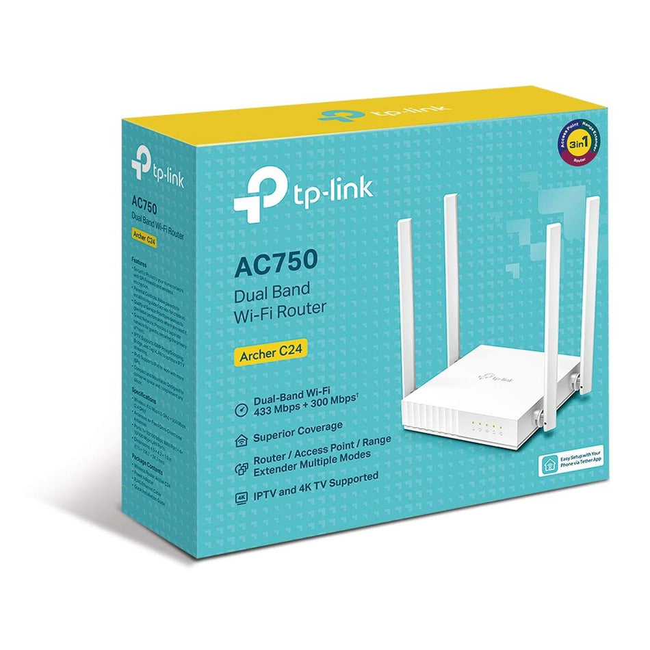 TP-Link Archer C24 AC750 Mbps Dual-Band, WiFi Wireless Router, Multi Mode, 4 Antennas, Ipv6 Supported, Parental Controls, Guest Network, Smooth HD Streaming