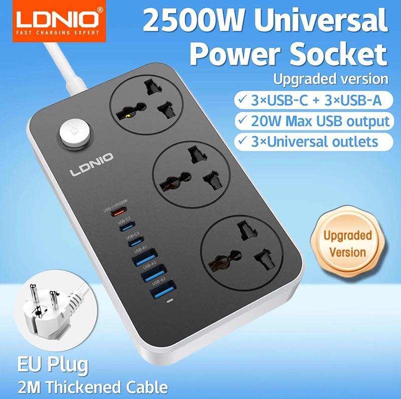LDNIO SC3604C Universal Power Strip | 3-Way AC Outlets (US/EU/UK Plug) | 6 USB Ports with 20W PD | 2M Power Cord | Waterproof Outdoor Design