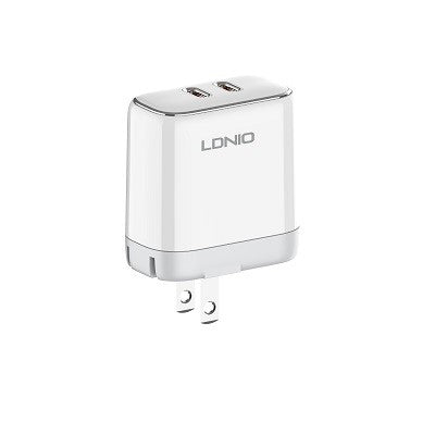 LDNIO A2528M Fast Wall Charger 35W Dual USB-C Port Compatible With Apple Devices MFi , With Type-C To Lightning Cable- White