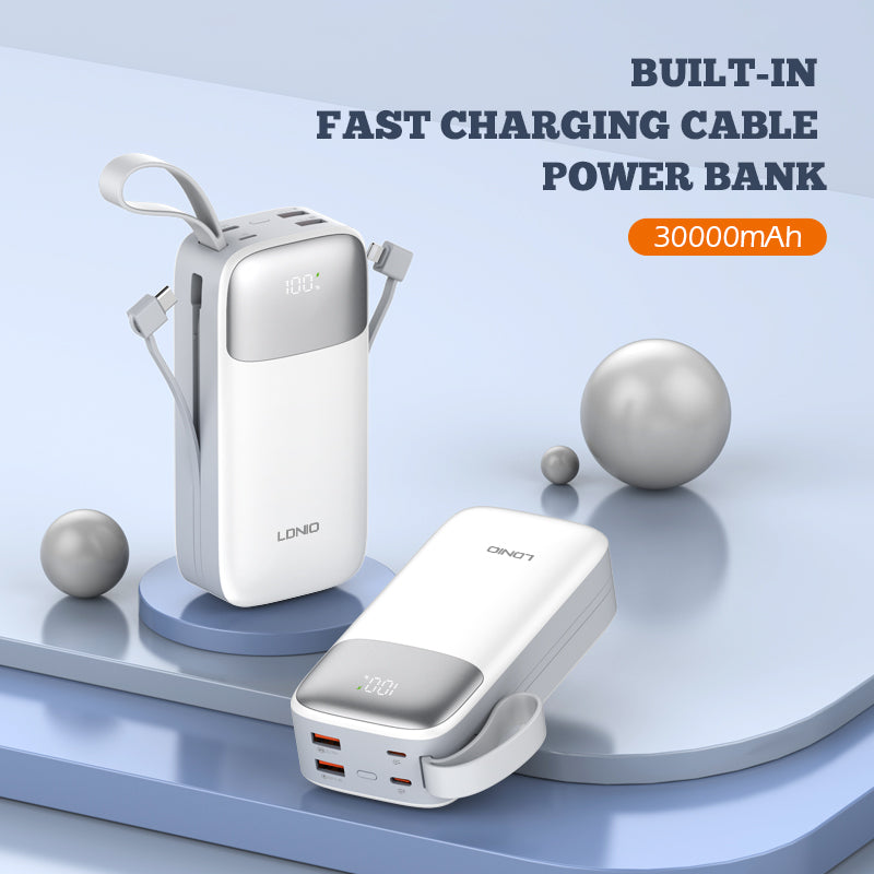 LDNIO PQ30 30000mAh Fast Charging Power Bank | 22.5W Max Super Fast Output | Built-In USB-C & Lightning Cables | Smart LED Display