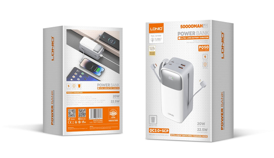 LDNIO PQ50 50000mAh Fast Charging Portable Power Bank | 22.5W Max Super Fast Output | Built-In USB-C & Lightning Cables | Smart LED Display