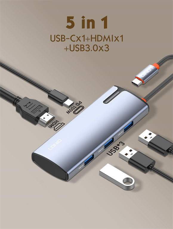 LDNIO DS-15H | 5-in-1 Type-C Multi-Function Docking Station (17cm) | 100W PD + 4K HDMI + 3x USB 3.0