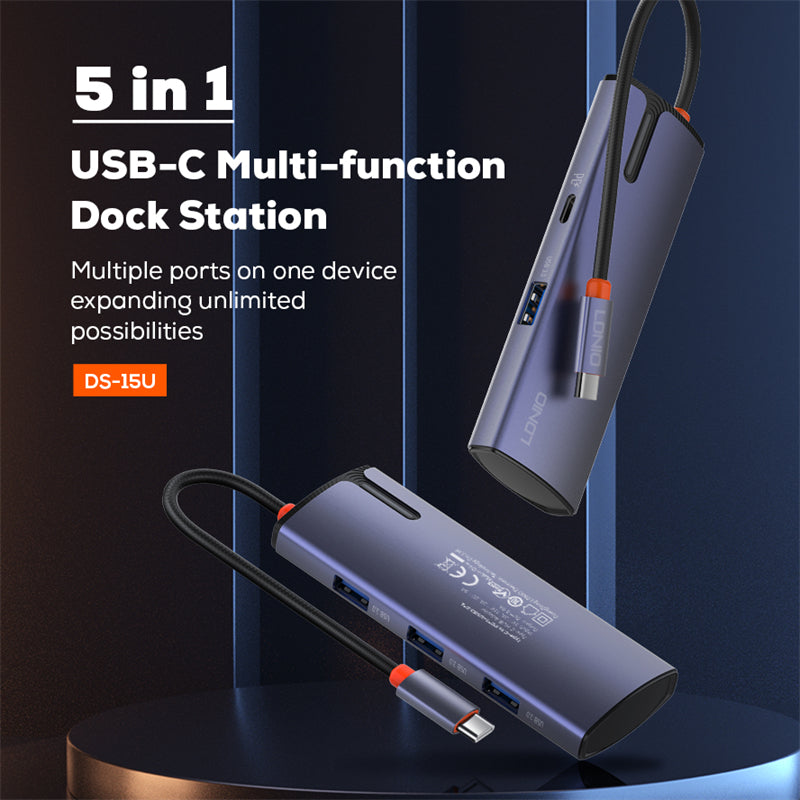 LDNIO DS-15U | 5-in-1 Type-C Multi-Function Docking Station (17cm) | 100W PD + 4x USB 3.0 High-Speed Expansion
