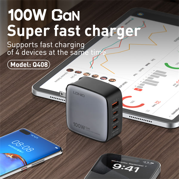 LDNIO Q408 100W GaN 4-Port Super Fast Desktop Charger Hub with Type-C to Type-C Cable (US / UK / EU Interchangeable Plugs Included)