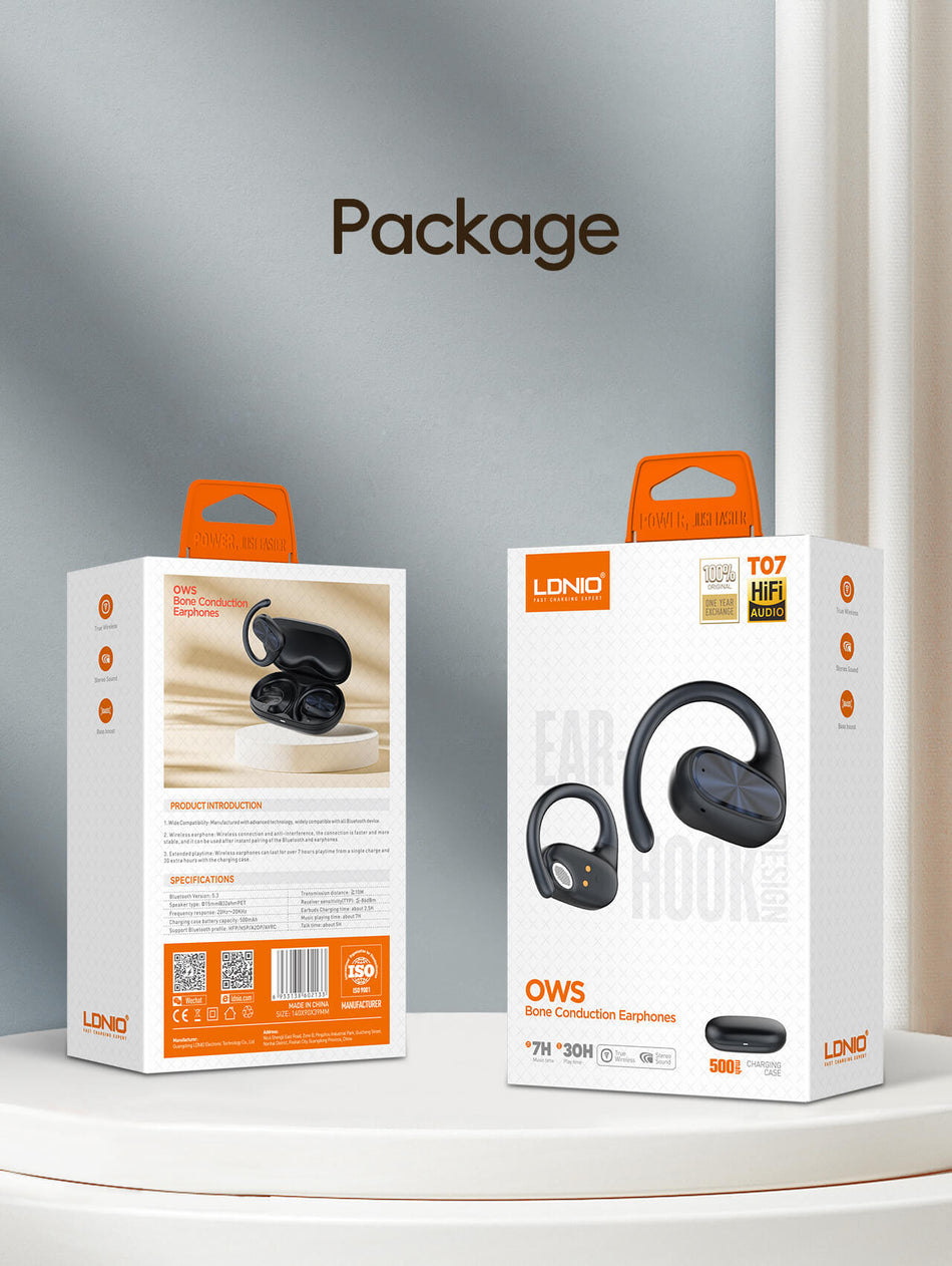 LDNIO T07 Wireless Stereo Over-Ear Bone Conduction Earbuds | Bluetooth 5.3 Low Latency Gaming Headset with Touch Control - Black