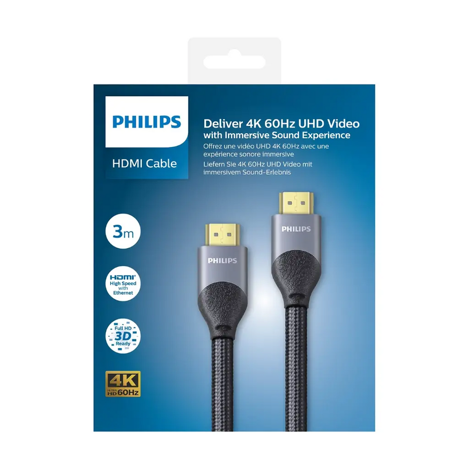 Philips HDMI 4K 60Hz Cable 3M - Premium Certified High-Speed HDMI, 18 Gbps Bandwidth, 28 AWG Pure Copper, ARC & 3D Support - Black (SWV7030/10)