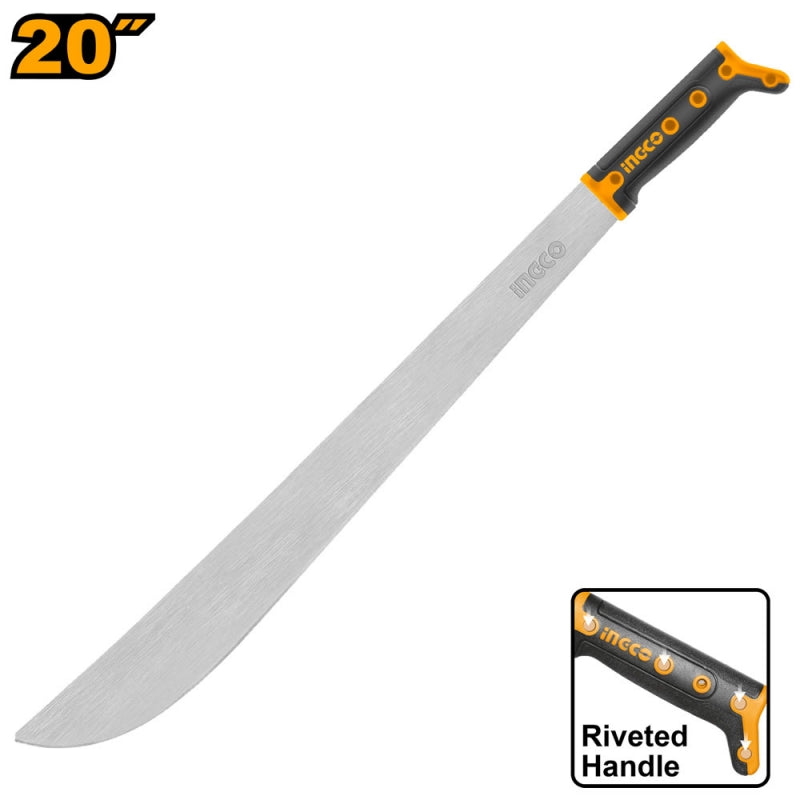 Ingco 20" Professional Heavy-Duty Machete | 500mm Forged Carbon Steel Clearing Bush Knife with Anti-Slip Riveted Handle (HMPS0120)