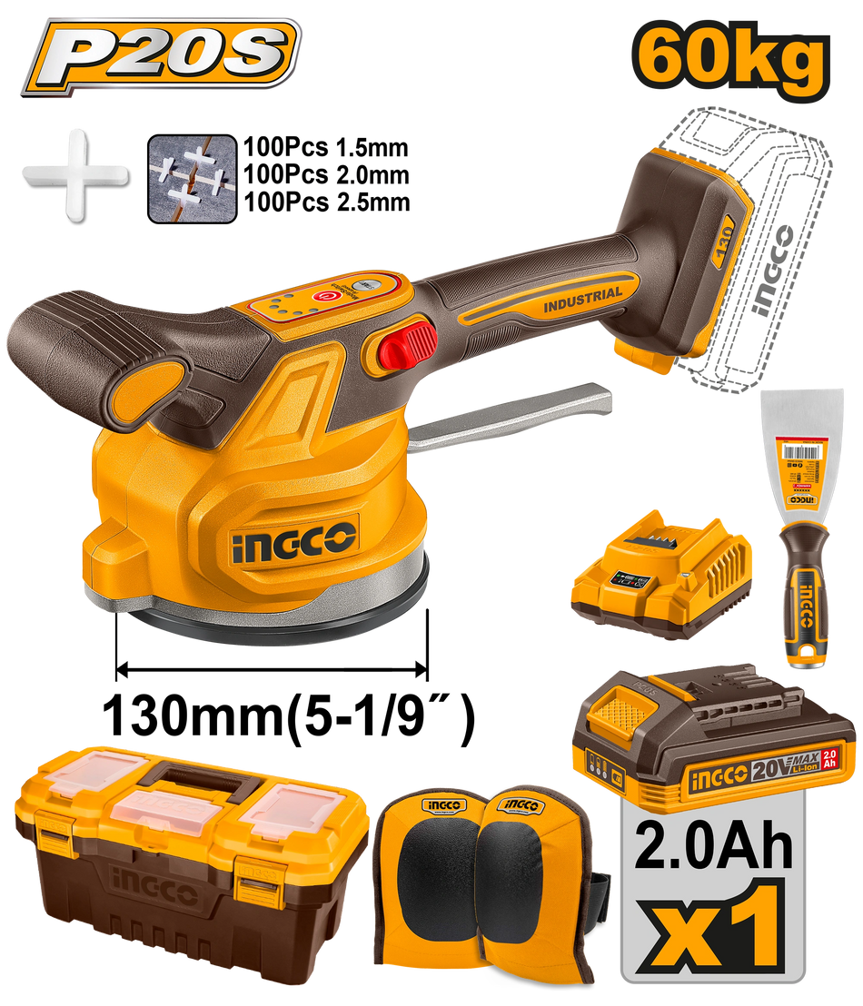 INGCO 20V Cordless Tile Vibration Machine (CTVLI20018) – 130mm Professional Tiling Tool, 6-Speed Adjustment up to 10,000 RPM, Includes 2.0Ah Battery and Charger, Ergonomic Design for Precise Leveling and Bubble-Free Tile Installation.