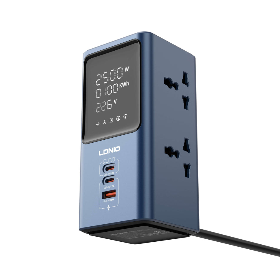 LDNIO SC2 45W Max GaN 5-in-1 Universal 2500W Power Strip Desktop LED Power Adapter with 2 AC Outlets, 2 USB-C & 1 USB-A Ports