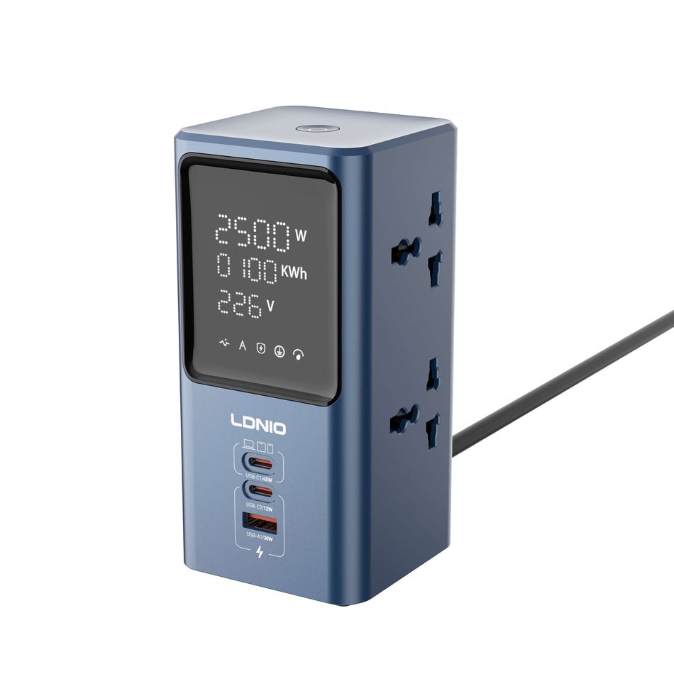 LDNIO SC2 45W Max GaN 5-in-1 Universal 2500W Power Strip Desktop LED Power Adapter with 2 AC Outlets, 2 USB-C & 1 USB-A Ports