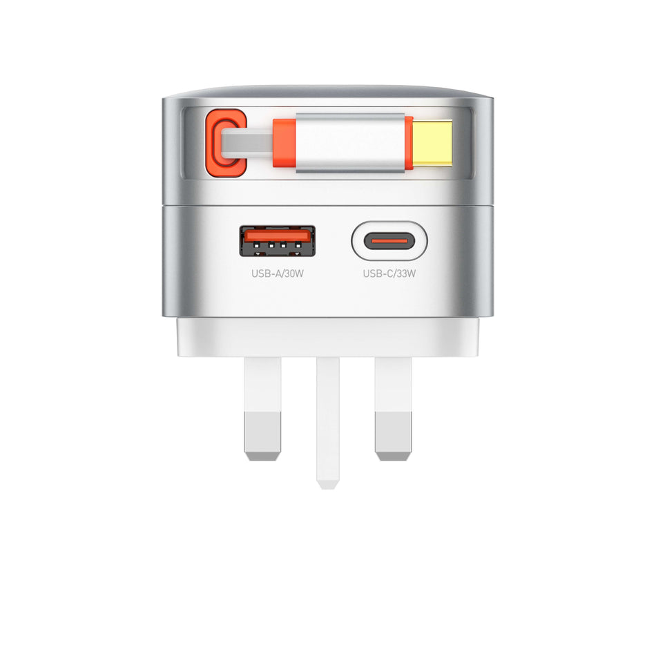 LDNIO Q9 33W GaN Travel Charger with Built-In Retractable USB-C Cable (US/EU/UK Interchangeable Plugs)