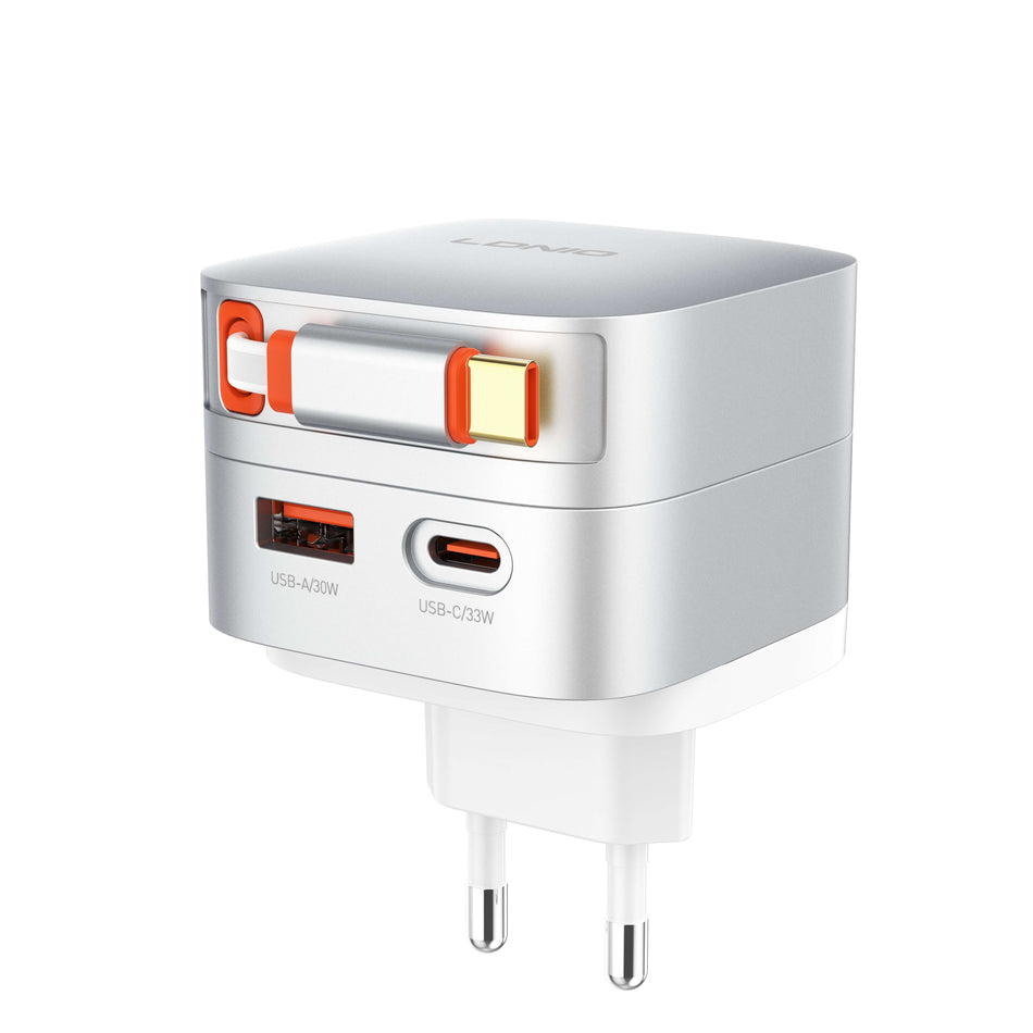 LDNIO Q9 33W GaN Travel Charger with Built-In Retractable USB-C Cable (US/EU/UK Interchangeable Plugs)