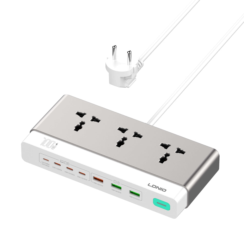 LDNIO SC3 100W Max GaN 10-in-1 Desktop Charging Station Power Strip with 3 AC Outlets, 6 USB Ports & 1 Native Lightning Output (US / UK / EU Plug)