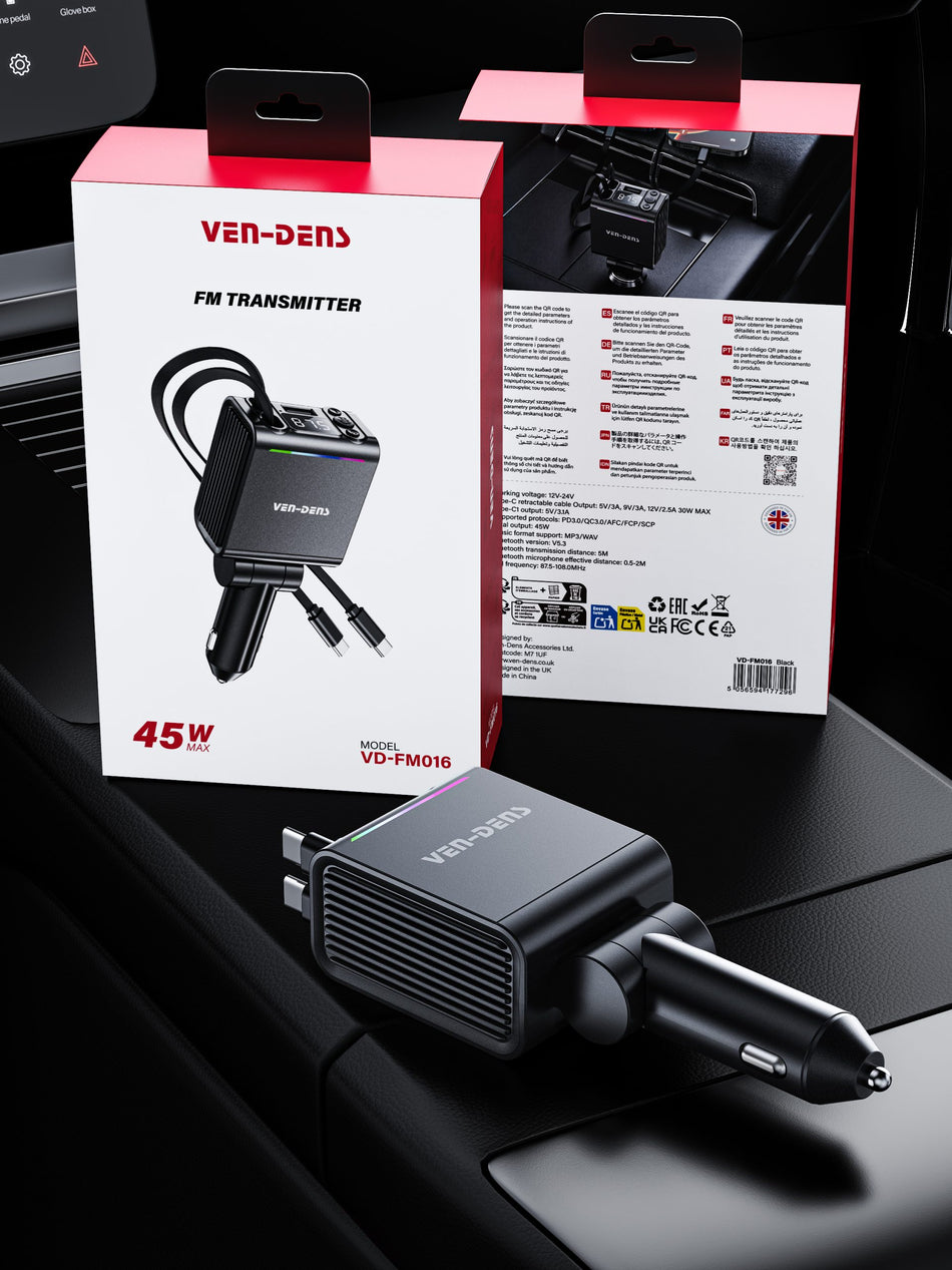 Ven-Dens VD-FM016 USB-A Car Charger and FM Transmitter | Wireless Bluetooth Audio Adapter, Hands-Free Calling & Dual Fast Charging