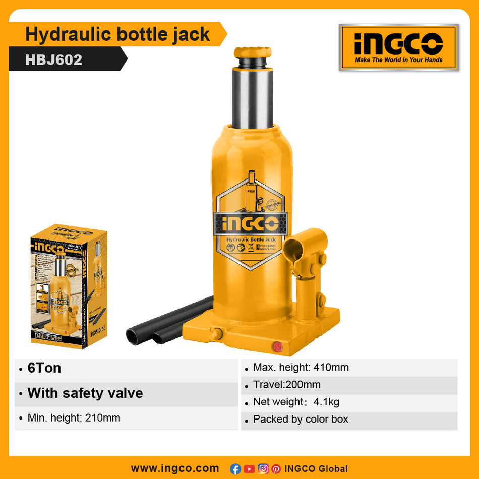 INGCO 6-Ton Hydraulic Bottle Jack (Cric Bouteille Hydraulique) – 210mm Min Height, 410mm Max Lifting Height, Overload Safety Valve, and Compact Steel Body (HBJ602)