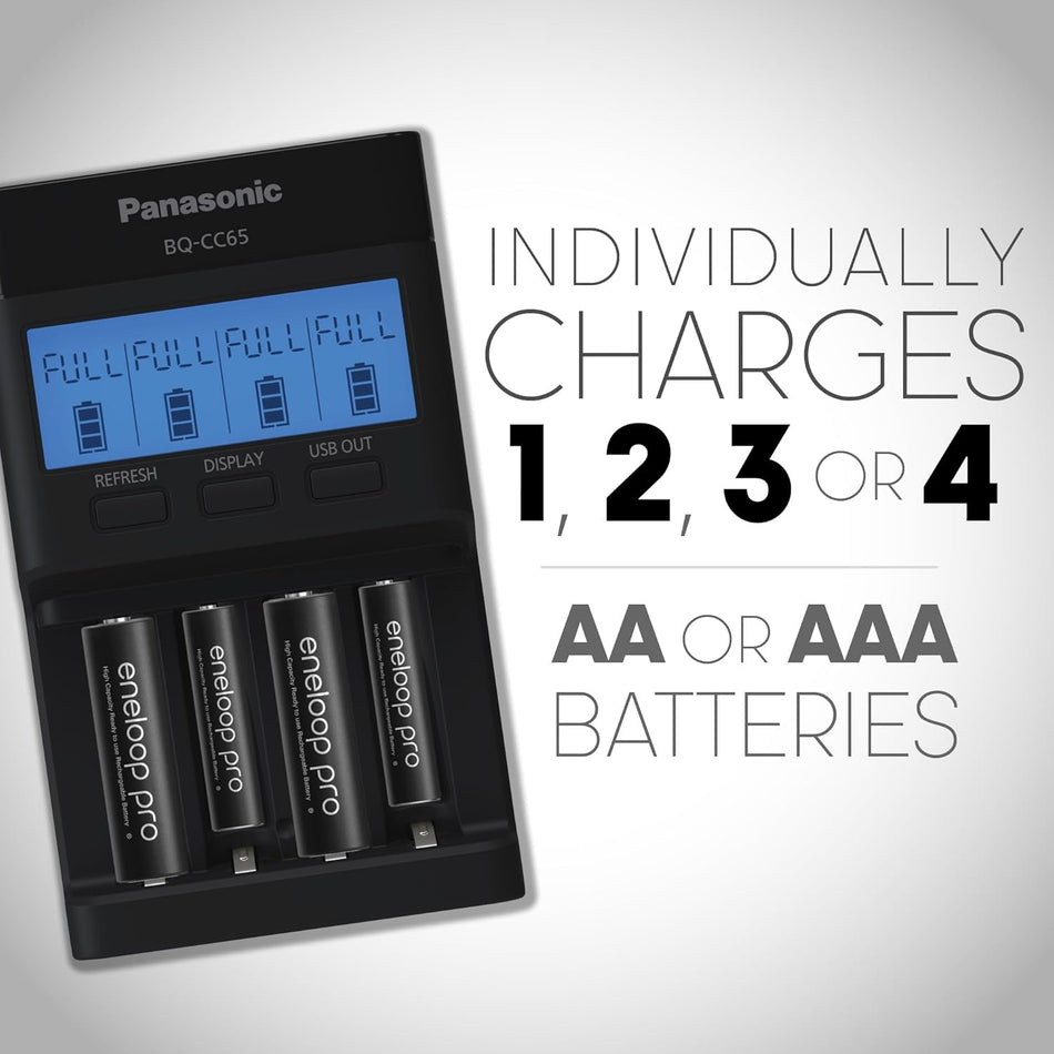 Panasonic Eneloop BQ-CC65E Flagship Pro Smart Battery Charger | 4-Slot Quick Charger with Diagnostic LCD Display, Battery Refresh Function & Built-in USB Output Port