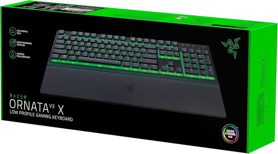 Razer Ornata V3 X Gaming Keyboard: Low-Profile Keys-Silent Membrane Switches-Uv-Coated Keycaps-Spill Resistant-Chroma RGB Lighting-Ergonomic Wrist Rest-Classic Black